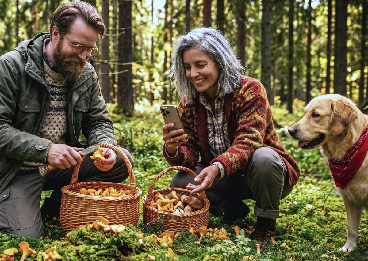 Kvinna och man plockar svamp i skogen med en hund