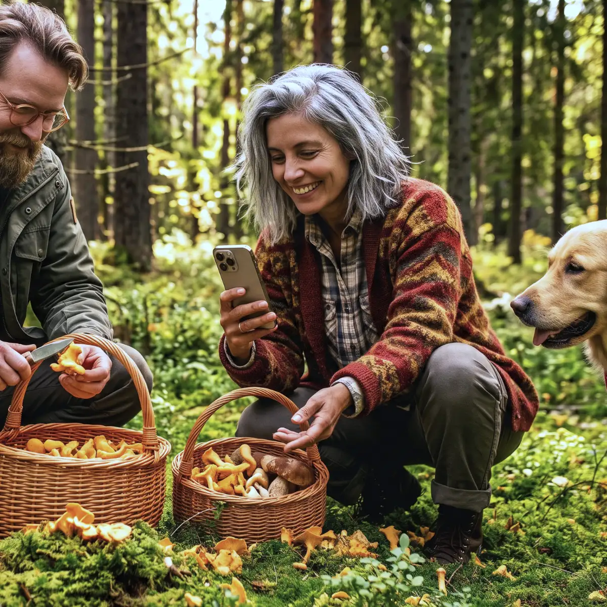 Kvinna och man plockar svamp i skogen med en hund