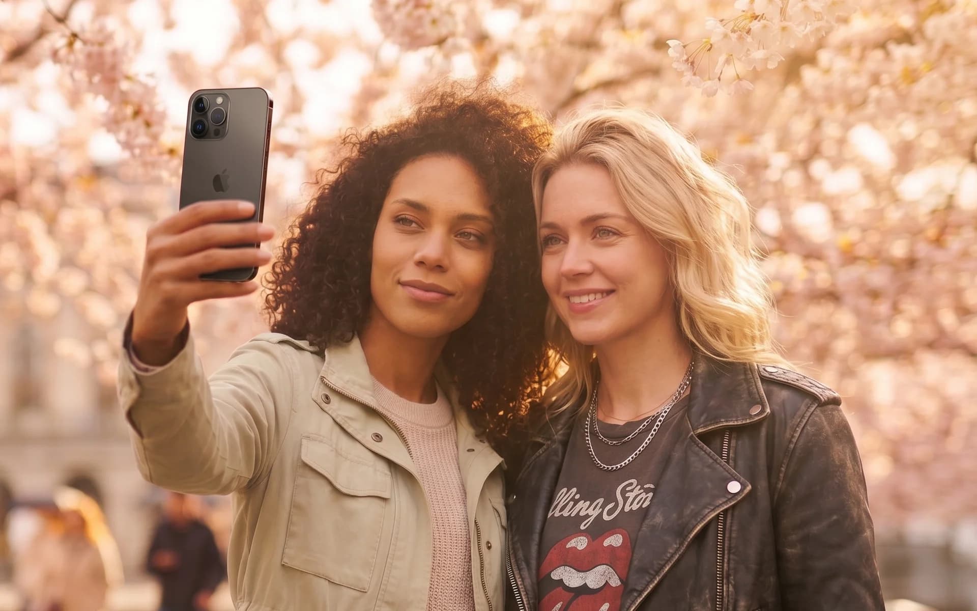 Två leende vänner tar selfie med en iPhone framför rosa körsbärsblommor i vårsolen